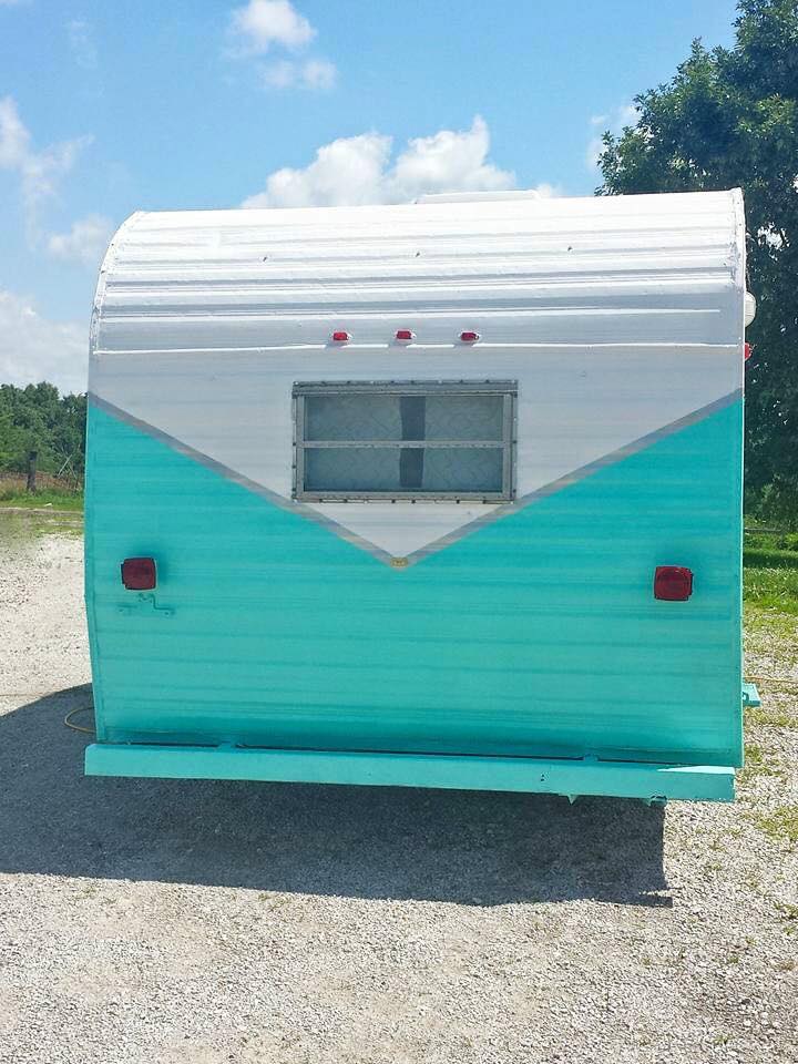 teal vintage camper